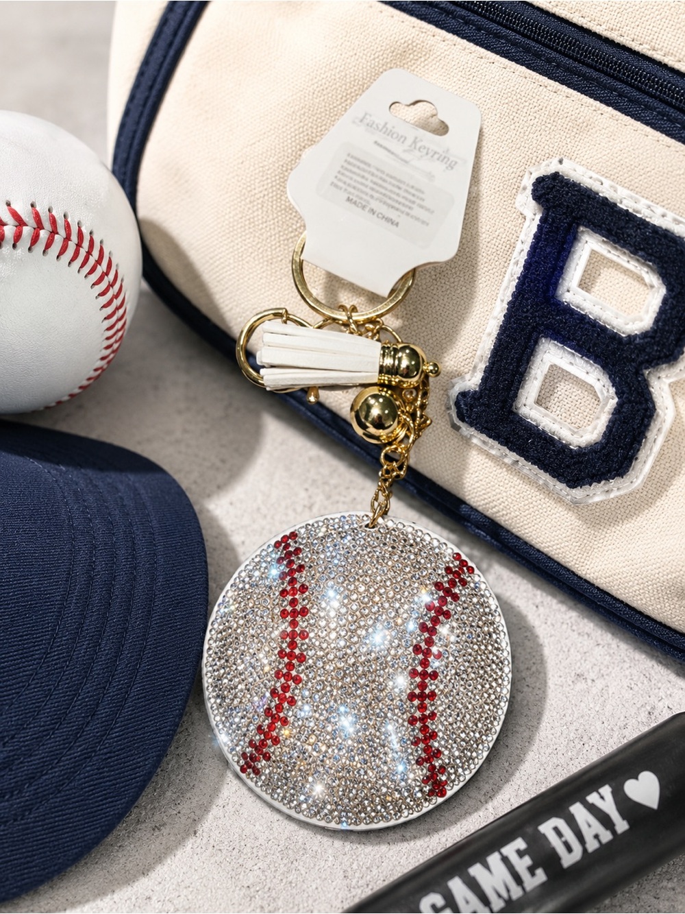 ⚾️ Baseball Tassel Keychain/bag charm- White & Red Rhinestones
